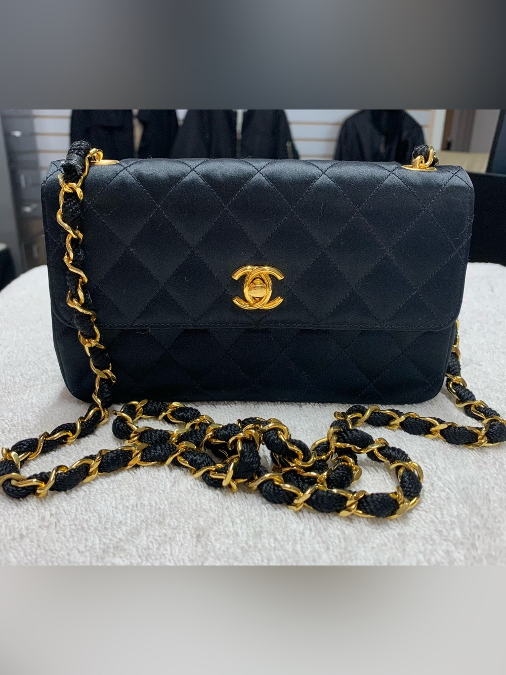 Vintage CHANEL Black Quilted Satin Small Flap Bag